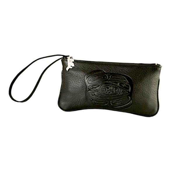 Embossed black leather wristlet purse with Raven design